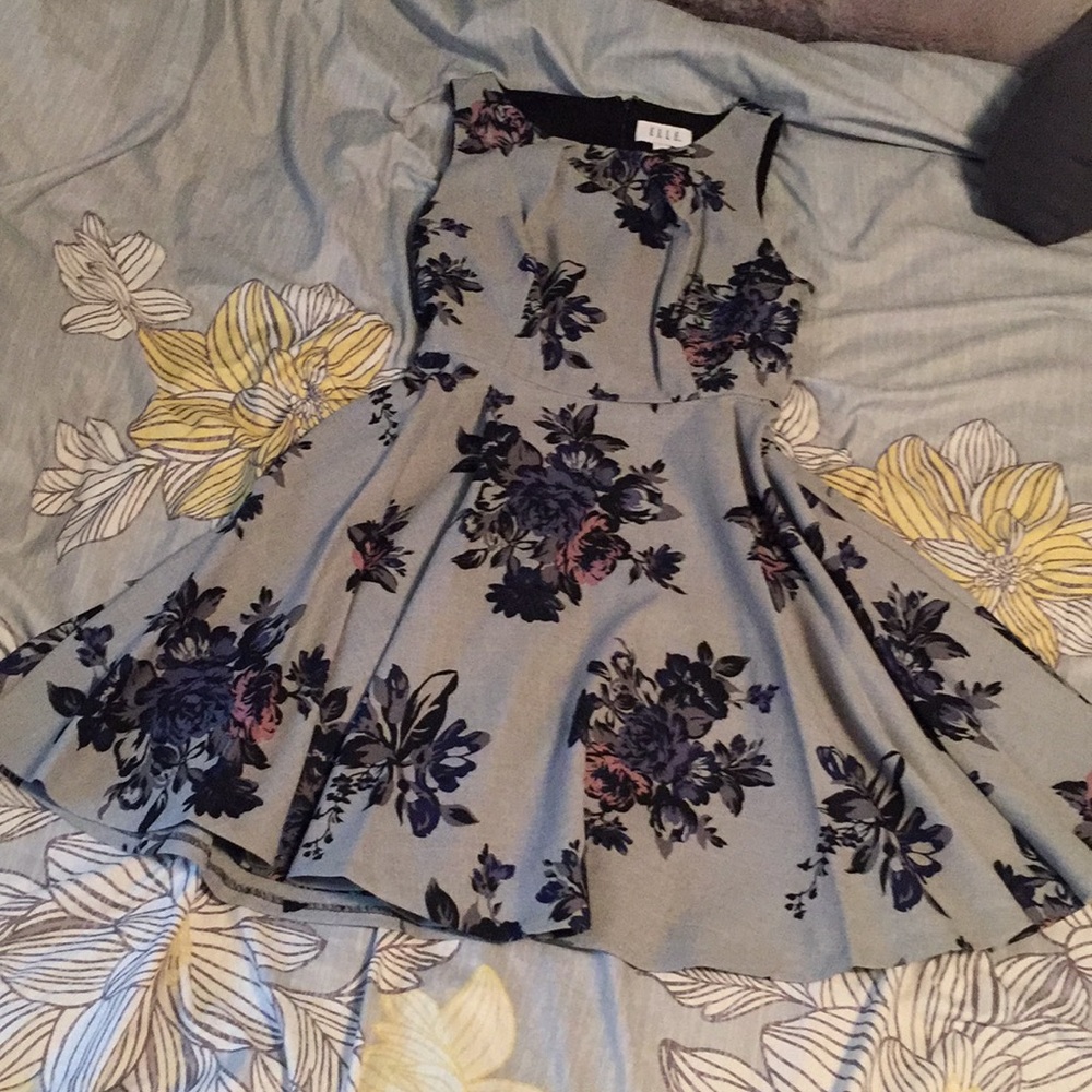 Elle Brand fit and flare dress, grey floral.